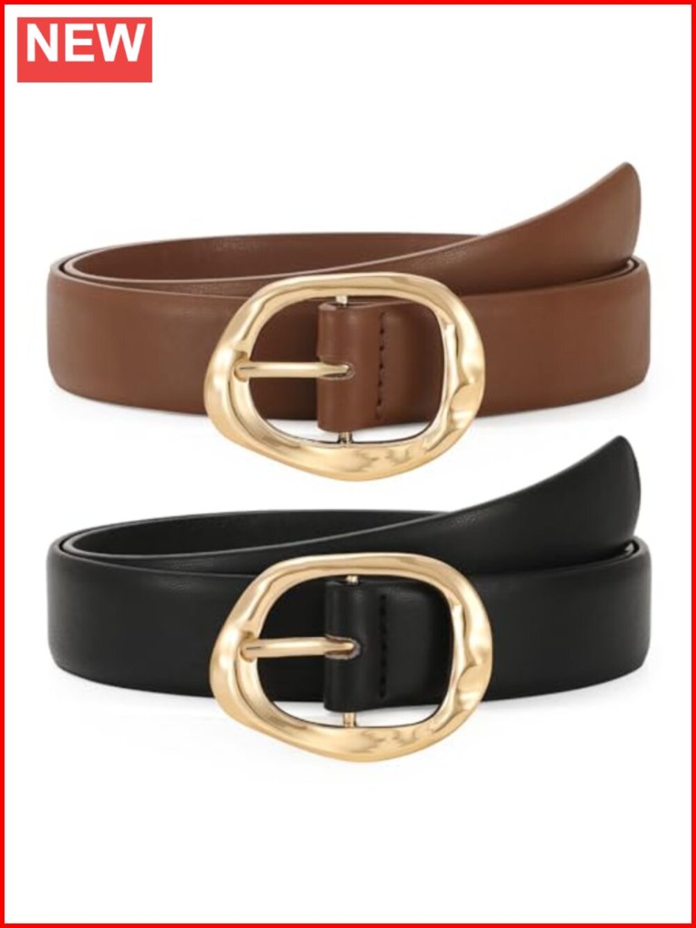 2 Pack Faux Leather Belts for Women with Liquid Gold Buckle Adjustable Waist
